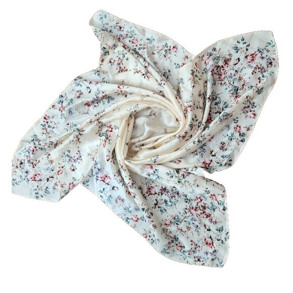 Women's Scarf Cream Red Floral Spring Scarf 27"/27" Square Polyester - Picture 7 of 11
